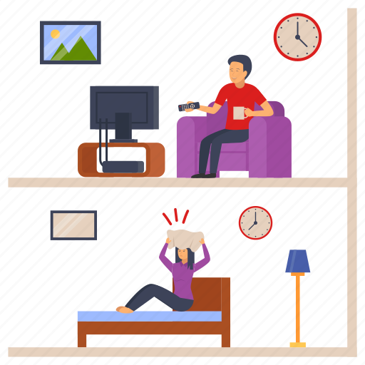 Man, watching tv, restlessness, woman, loud sound, sleepless icon - Download on Iconfinder