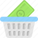 banknote, basket, buy, purchase, shopping