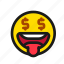 dollar, money, bill, tongue, emoji, smiiley, emoticon 