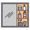 cabinet, shelf, mirror, toiletries, lotion, soap, washroom, toothbrush, toilet