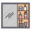 cabinet, shelf, mirror, toiletries, lotion, soap, washroom, toothbrush, toilet 