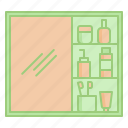 cabinet, shelf, mirror, toiletries, lotion, soap, washroom, toothbrush, toilet