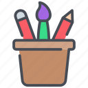 pencil case, pencil holder, pencil, stationery, bucket, brush 