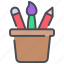pencil case, pencil holder, pencil, stationery, bucket, brush 
