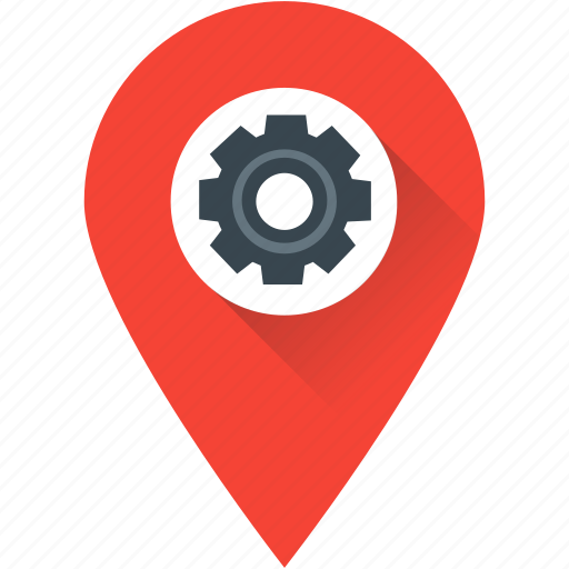 Cogs, gps, location pin, location setting, map setting icon - Download on Iconfinder