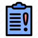 clipboard, document, important, information, issue, notice, warning