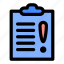 clipboard, document, important, information, issue, notice, warning 