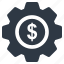 cog, commerce, dollar, dollar with cog, economy, gear, investment icon 