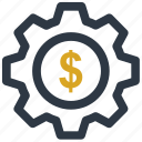 cog, commerce, dollar, dollar with cog, economy, gear, investment icon