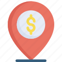 bank, business, dollar, location, map pointer, pin, placeholder