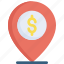 bank, business, dollar, location, map pointer, pin, placeholder 