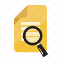 document, file, magnifier, read, reference, search, text