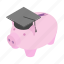 cap, graduation, isometric, money, pig, saver, smart 