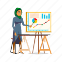 woman, arabian, presenting, financial, diagram, people, office