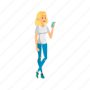 woman, annoyed, blond, reading, message, boring, phone