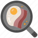 kitchen, breakfast, egg, pan, cooking, bacon, gastronomy