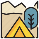 tree, tent, campground, mountain, vacation, camping icon