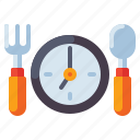 dinner, time, clock, spoon, fork