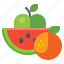 fruits, watermelon, orange, green apple 