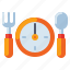 lunch, time, clock, spoon, fork 