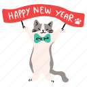 cat, holding, happy new year sign, new year, party, christmas, animal 