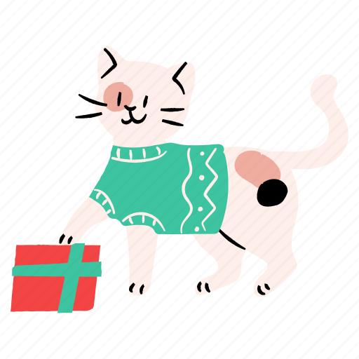 Cat, gift box, birthday party, new year, party, christmas, winter illustration - Download on Iconfinder