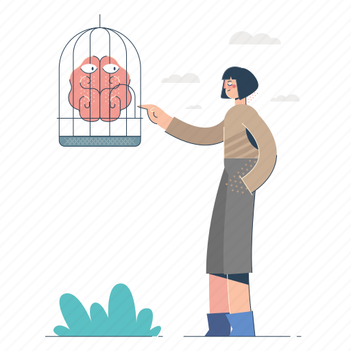 Product, development, innovation, woman, cage, brain, thought illustration - Download on Iconfinder