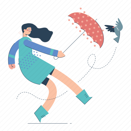 Weather, problem, woman, umbrella, wind, bird illustration - Download on Iconfinder