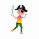 child, happy, preteen, boy, wearing, pirate, hat, holding