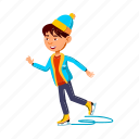 child, happy, preteen, boy, riding, skates, ice, rink
