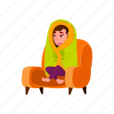child, cute, caucasian, girl, wrapped, blanket, sitting, armchair