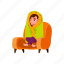 child, cute, caucasian, girl, wrapped, blanket, sitting, armchair 