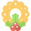 christmas greeting, floral badge, merry christmas, mistletoe wreath, party decor 