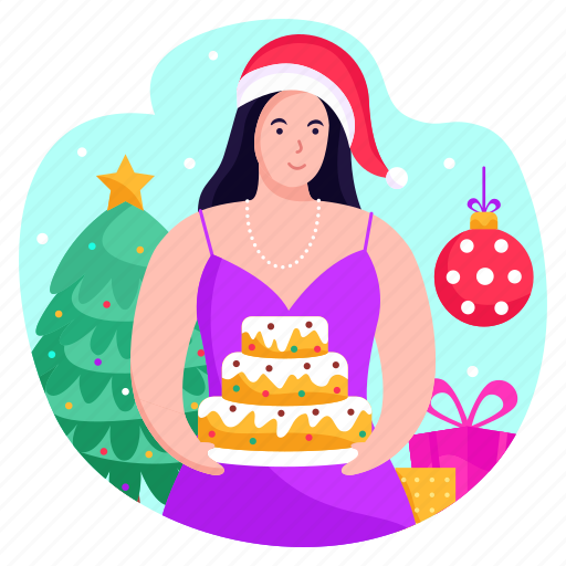 Cake, female, christmas, woman, celebration, gift, surprise illustration - Download on Iconfinder