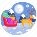 reindeer, gift, sleigh, moon, present, surrise, christmas, snow