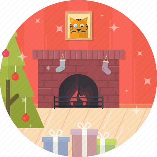 Cat, celebration, christmas, fireplace, tree, decoration, xmas icon - Download on Iconfinder