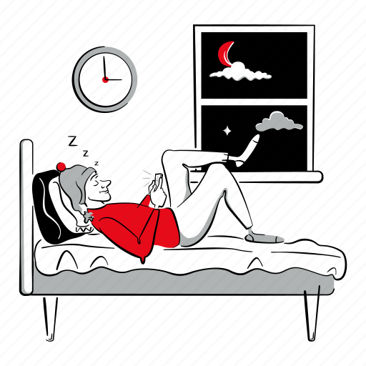 Social media, sleep, night, bedroom, insomnia, addiction, smartphone illustration - Download on Iconfinder