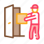 box, courier, delivery, door, enters, job, scooter 