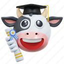 diploma, graduation, cow, emoticon, illustration, social media, sticker, face, expresion, emoji, message, chat, conversation, smiley 