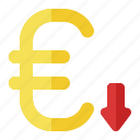 euro, down, decrease, rate, arrow, finance, money