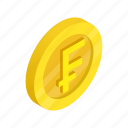 coin, currency, finance, franc, gold, isometric, switzerland