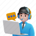 male, customer, call, service, cartoon, with, laptop, man