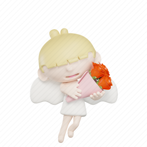 Cute, cupid, holding, a bunch of roses, flowers, valentine, romantic 3D illustration - Download on Iconfinder