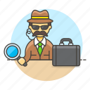 briefcase, crime, danger, detective, detectives, earphone, investigator, magnifier, male, search