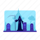 grim reaper, night, cemetery, tombstone, crypt