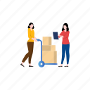 package, trolley, courier, female, delivery