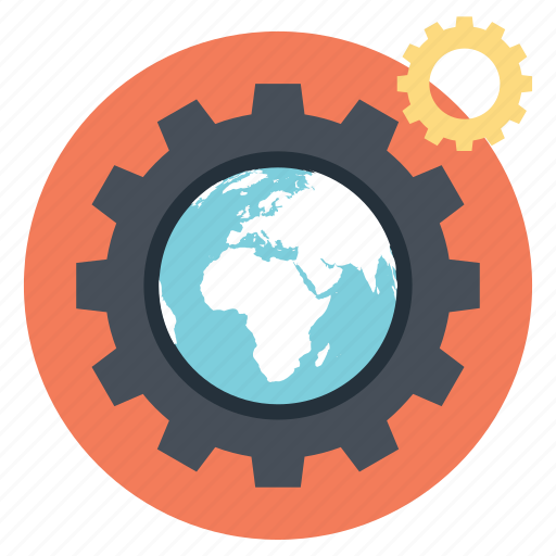 Earth gear, global development, global options, globe inside gear, online strategies icon - Download on Iconfinder