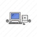 computer set, desktop, g4 cube, imac, monitor and speaker, office supply, pc