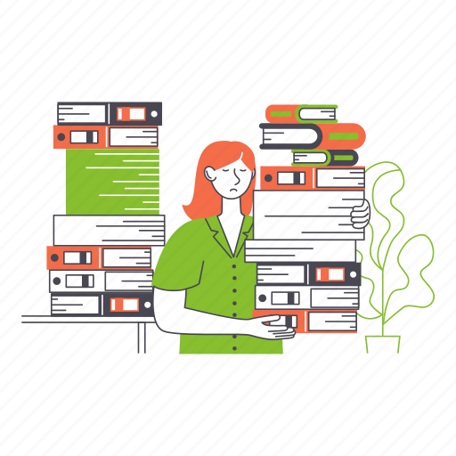 Girl, swamped, books, office, work, document, folder illustration - Download on Iconfinder