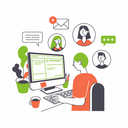 Man, chatting, online, work, pc, monitor, working illustration - Download on Iconfinder